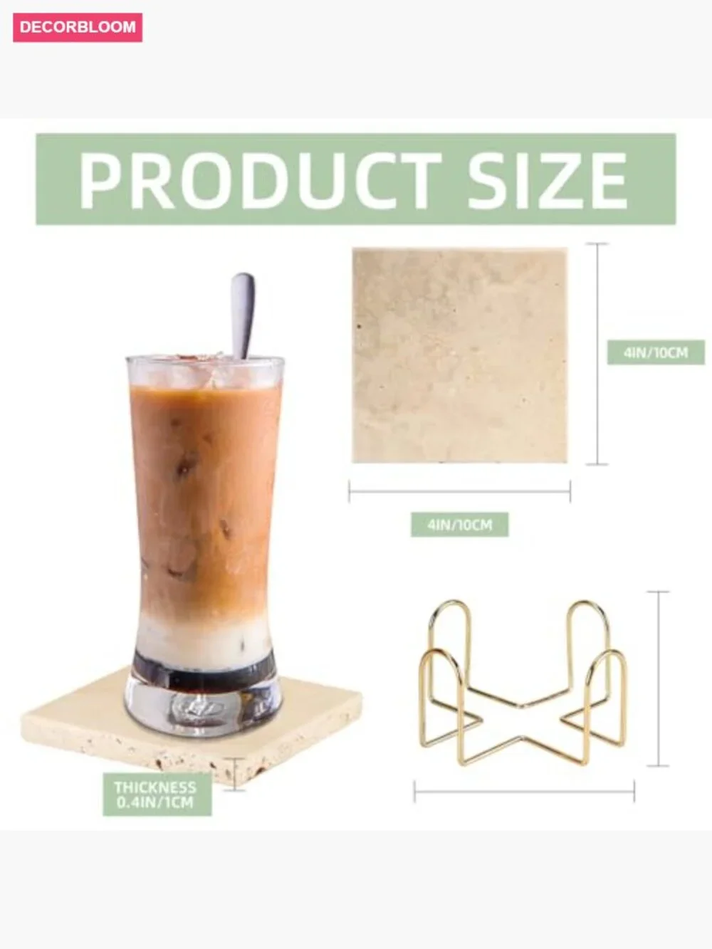 4 Natural Travertine Coasters Set with Gold Holder - Non Slip Cork Backing